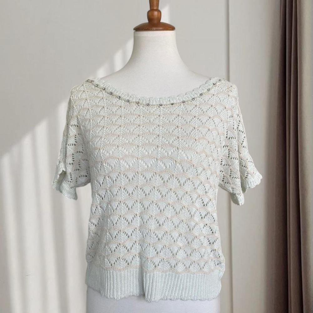May Pretty Women Mint Cream Pointelle Knit Pearl‎ Rhinestone Trim Sweater Top